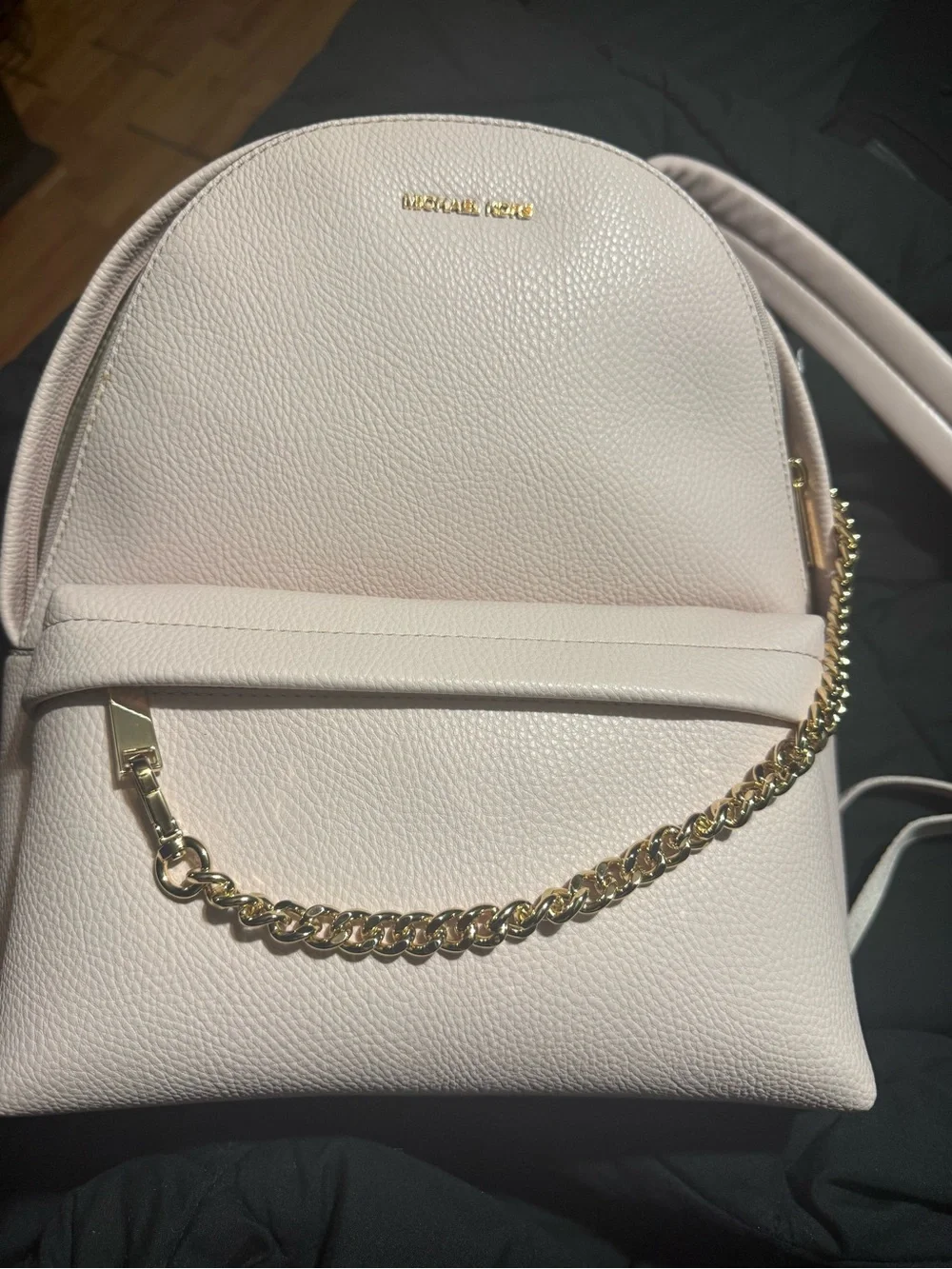 Michael Kors Mini Pebbled Leather Backpack in Pale Pink with Gold Chain